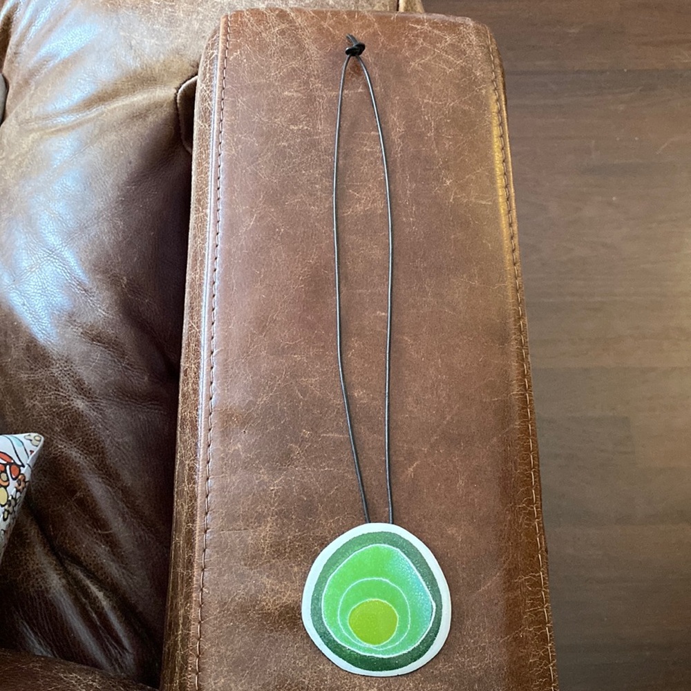 Artisan-made signed pendant/brooch. Dreamy green circles. Vintage 70s!
